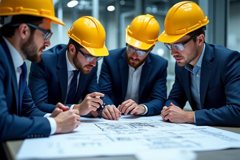 Engineers reviewing blueprints